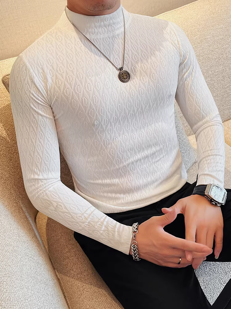 Áo thun nam dài tay cổ cao nửa cổ thiết kế cao cấp, thu đông, lót lông cừu, dày dặn, ôm dáng, thời trang và đa năng, áo thun cổ trung.