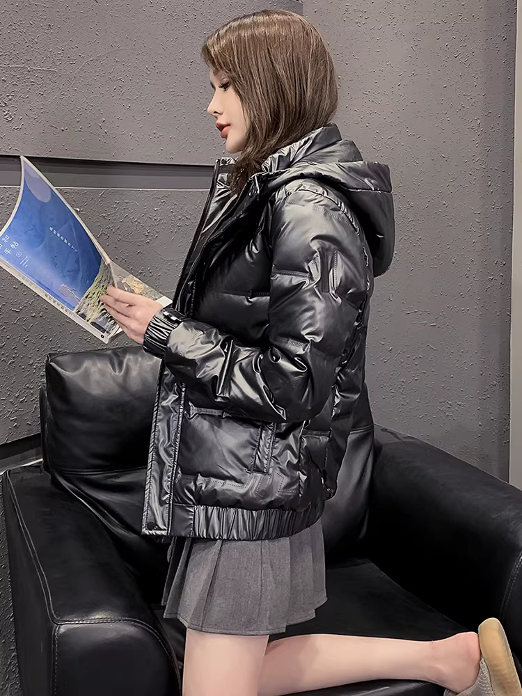 Áo khoác nam bóng mượt mùa đông 2025 thời trang mới, kiểu dáng ngắn, đa năng, nhẹ, ấm, có mũ