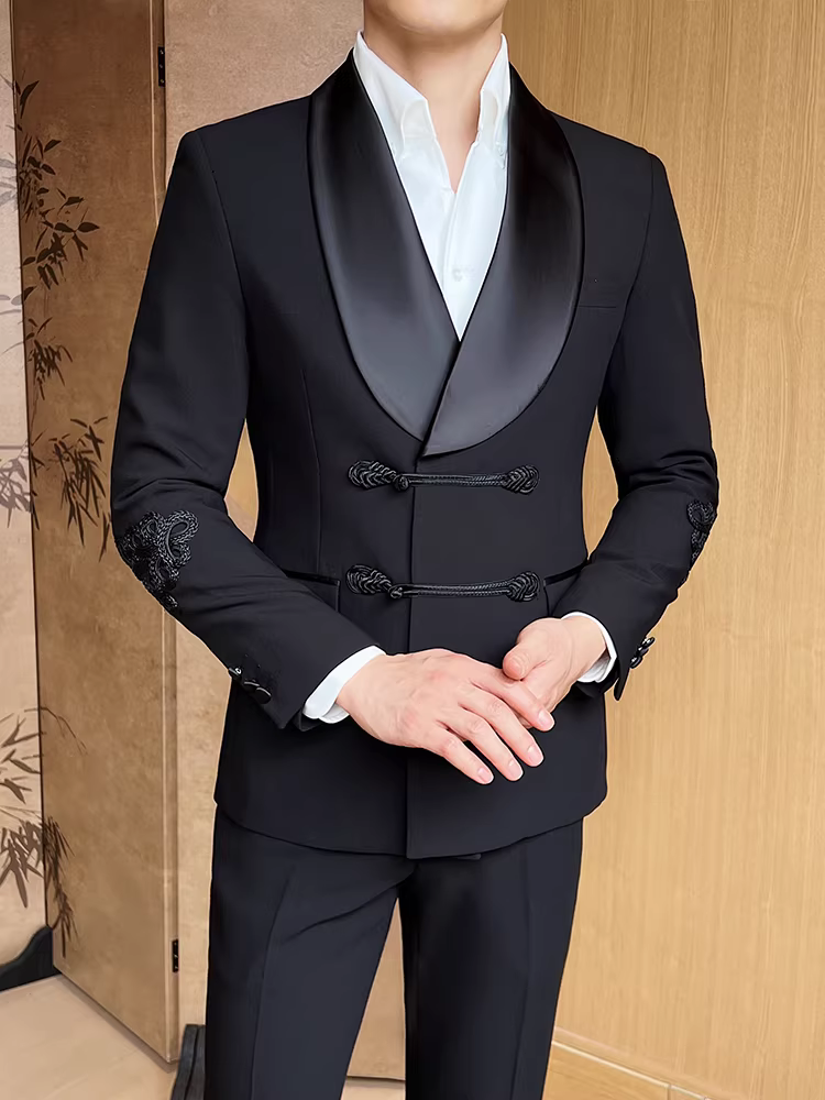 Bộ vest nam màu xanh lá cây kiểu Trung Quốc, trang phục công sở thường ngày, trang phục dạ hội lịch sự, vest cưới cao cấp dành cho chú rể