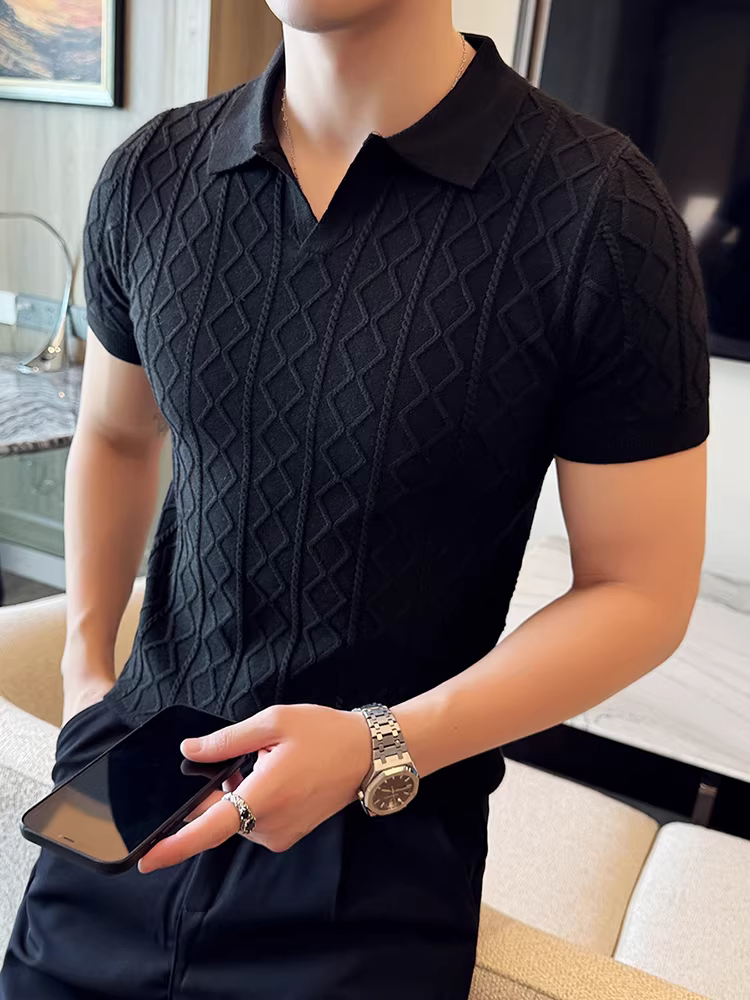 Áo len nam cao cấp tay ngắn, đa năng mùa xuân thu, kiểu dáng thời trang và hợp xu hướng, áo thun cổ polo ôm dáng.
