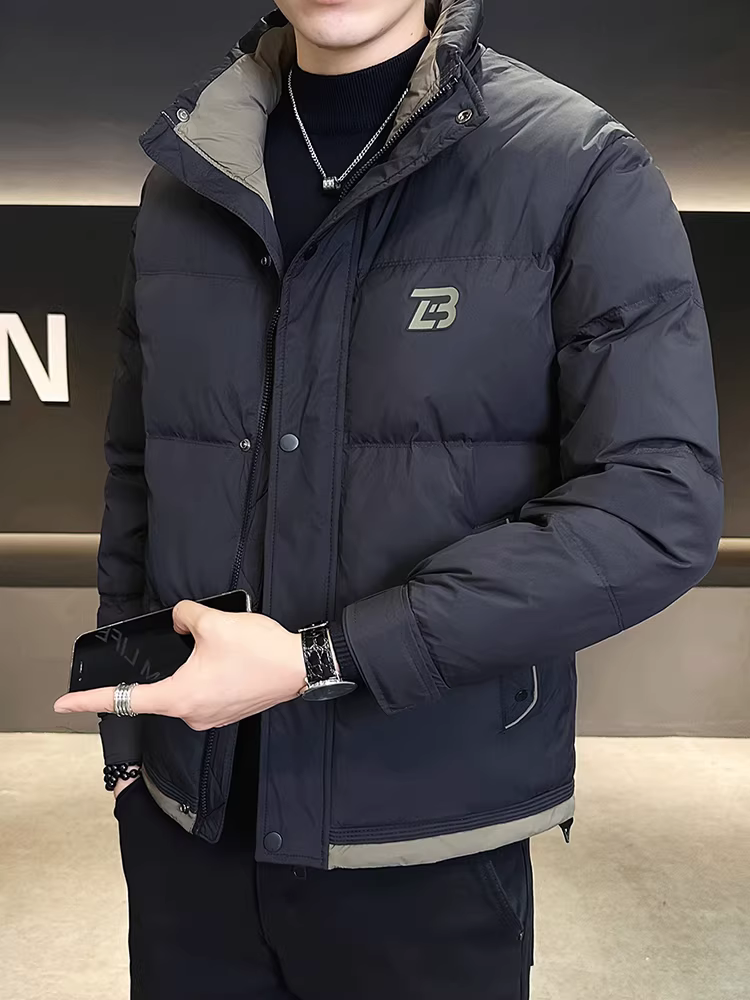 Áo khoác nam mùa đông 2024 kiểu mới cao cấp phối màu cổ đứng đơn giản đa năng thời thượng dày dặn ngắn