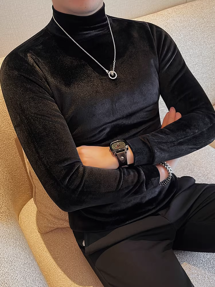 Áo sơ mi nam cổ cao nửa cổ, lót lông cừu dày dặn, chất liệu nhung, tay dài, ôm dáng, đa năng, cao cấp.