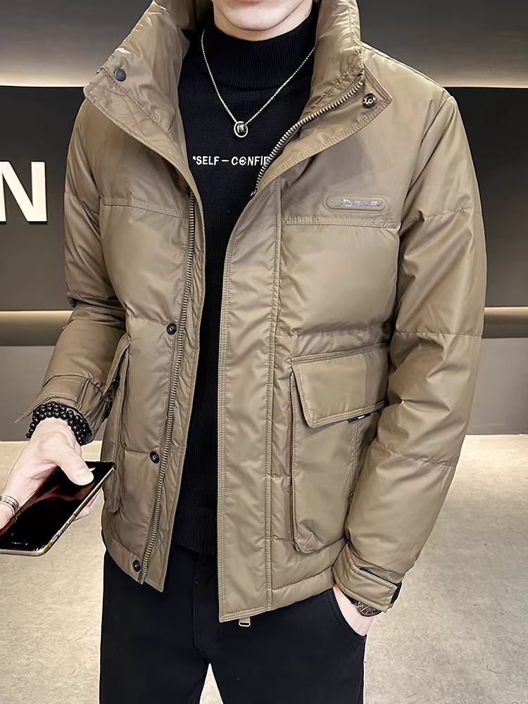 Áo khoác da dày cổ đứng dành cho nam, ấm áp mùa đông, hợp thời trang, thời trang, giản dị, phong cách Hàn Quốc, đẹp trai, ngắn, cao cấp.