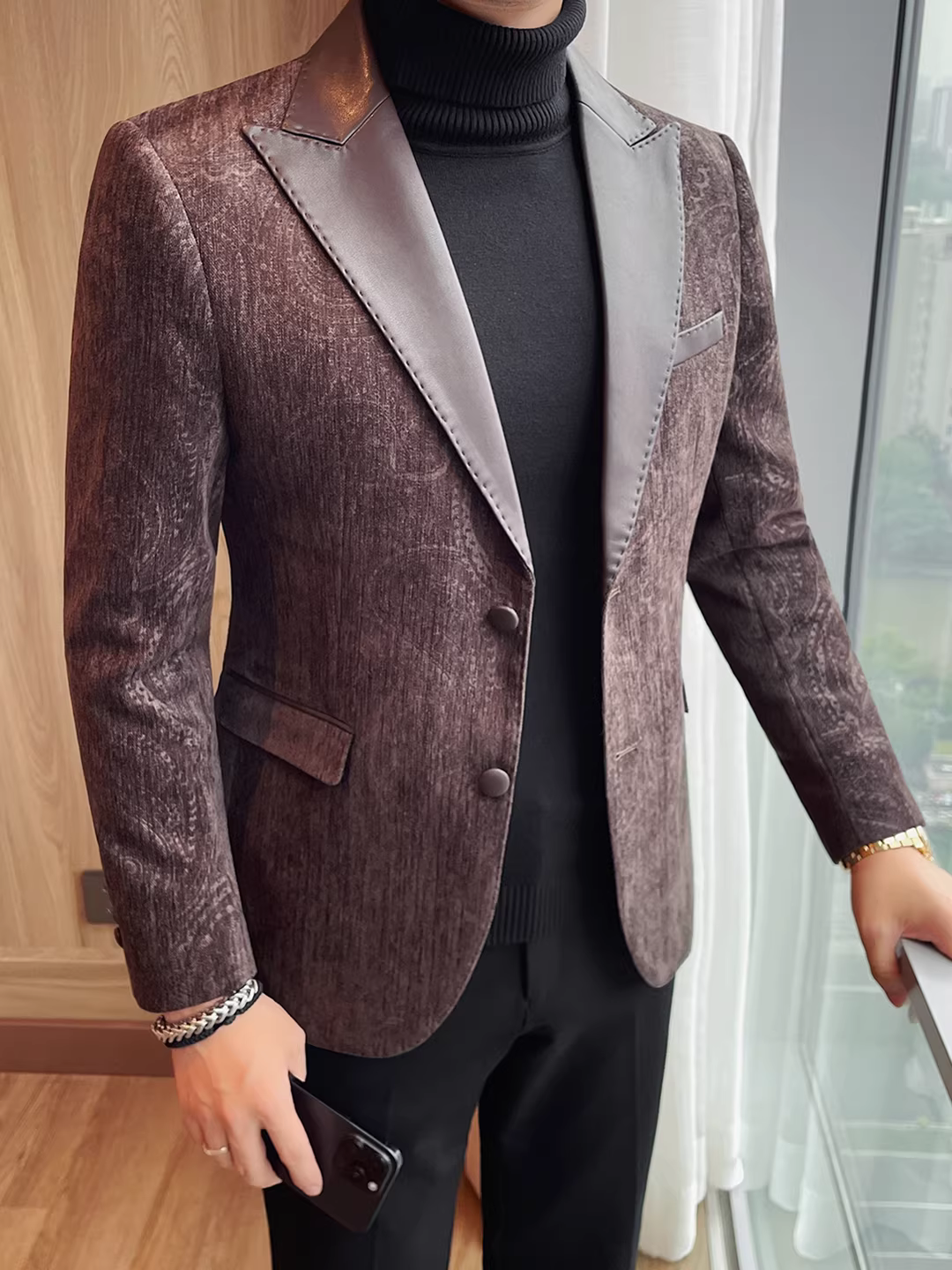 Áo vest nam cao cấp phối da, thời trang thu đông 2025, kiểu dáng ôm body, thời thượng, đơn giản.