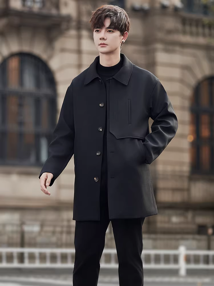 Áo khoác dài trung bình dành cho nam, xu hướng thời trang xuân thu, áo khoác có cổ màu trơn đa năng, dáng rộng, cao cấp
