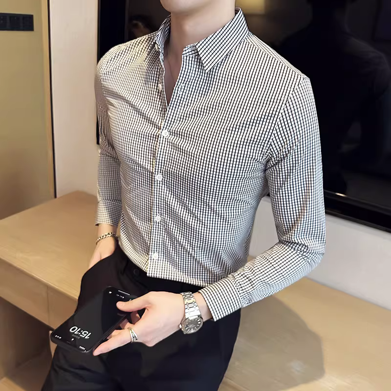 Áo sơ mi kẻ caro đen trắng cho nam, tay dài, kiểu dáng mỏng mùa hè, kiểu dáng ôm body kiểu Anh, áo sơ mi công sở lịch sự cao cấp.