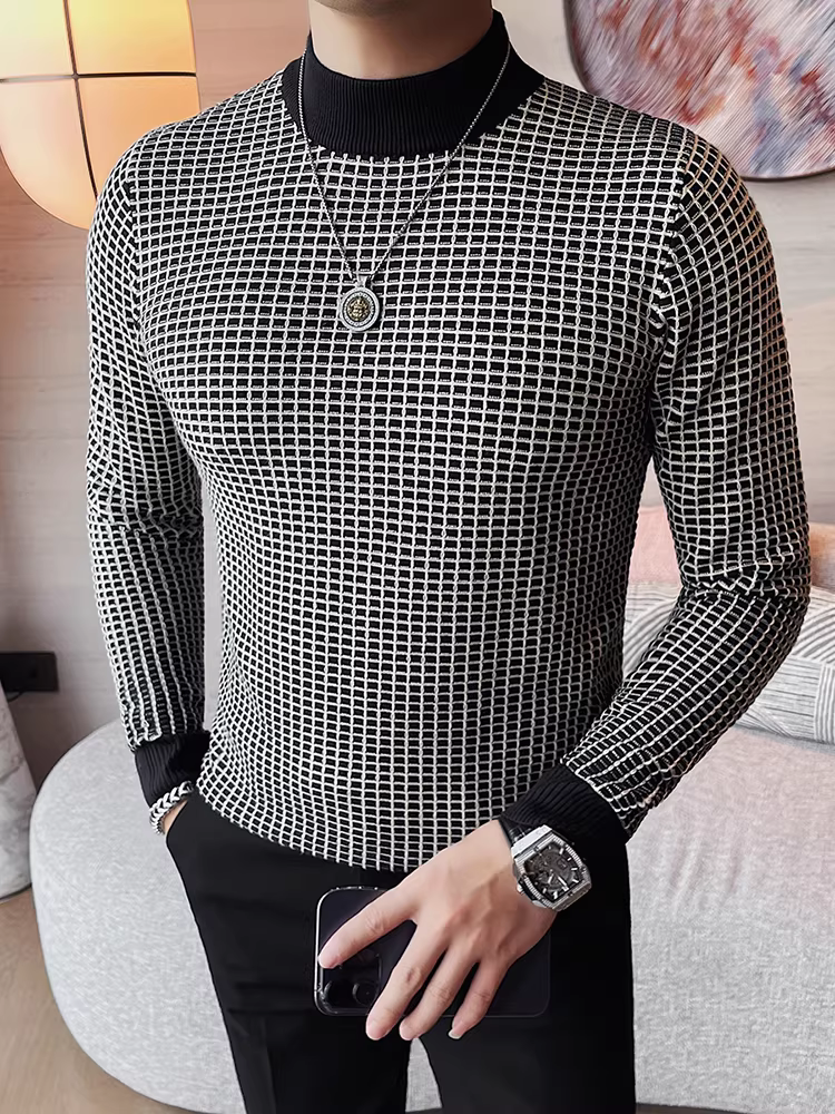 Áo len kẻ caro nửa cổ lọ phối màu cho nam, tay dài, thời trang thu đông 2024, áo lót dệt kim mới mẻ, hợp xu hướng