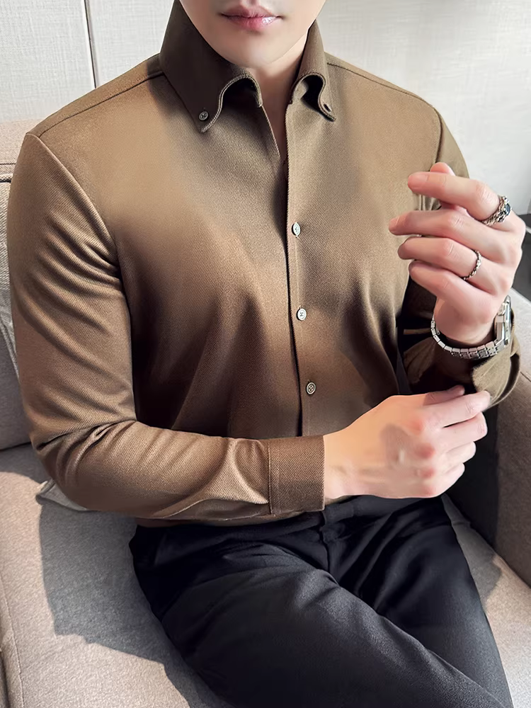 Áo sơ mi len không đường may cổ chữ V lớn kiểu Pháp dành cho nam, dài tay, dày dặn cho mùa thu đông, trang phục công sở thông thường, đa năng, dáng ôm, áo sơ mi chất lượng cao.