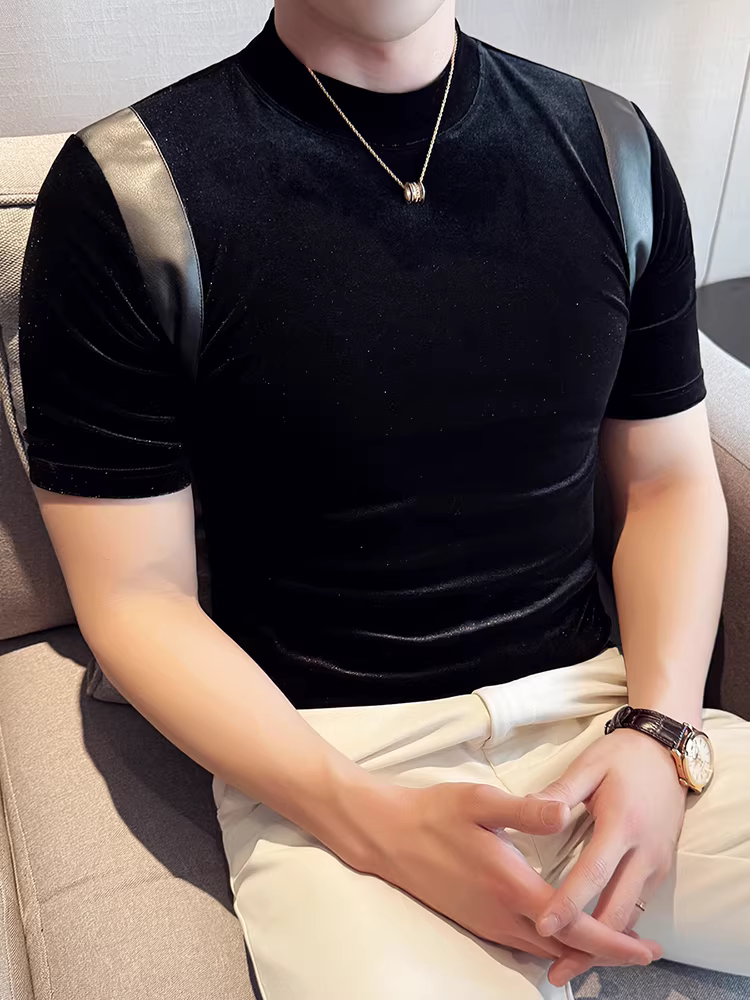Áo thun nam tay ngắn cổ nhỏ phối da, thời trang xuân hè mới, áo lót ôm dáng cao cấp hợp xu hướng