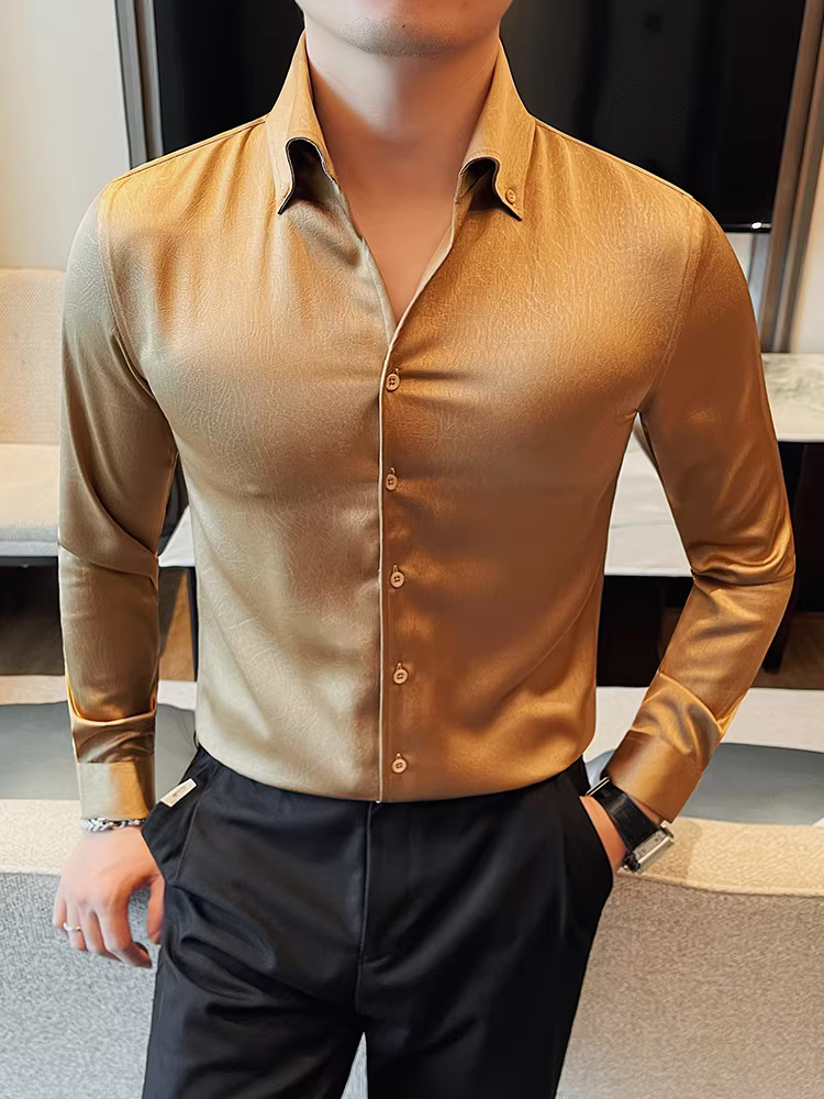 Áo sơ mi nam giả lụa bóng, dệt jacquard, tay dài, kiểu dáng thu mới, thiết kế cao cấp, kiểu dáng công sở lịch lãm ôm dáng