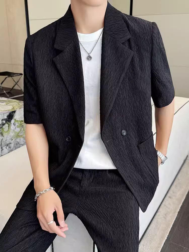 Bộ vest nam chất liệu lụa đá, tay ngắn, kiểu dáng mùa hè mỏng nhẹ, hơi rộng rãi, thoải mái và đa năng, bộ hai mảnh phong cách thường ngày