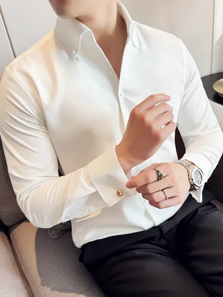 Áo sơ mi nam cổ V, tay dài, cao cấp, phong cách business casual, đa năng, hợp thời trang, kiểu dáng thời thượng, màu trắng hơi rộng, có khuy măng sét.