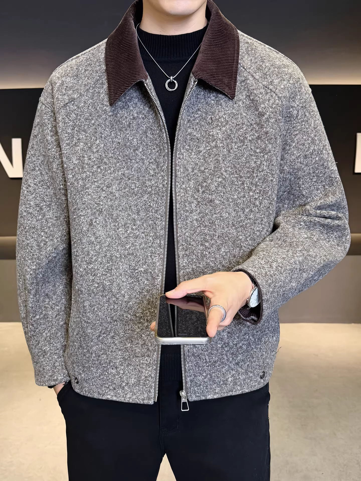 Áo khoác len nam phối vải, dáng rộng, ngắn, thời trang, đa năng, mùa thu đông 2025