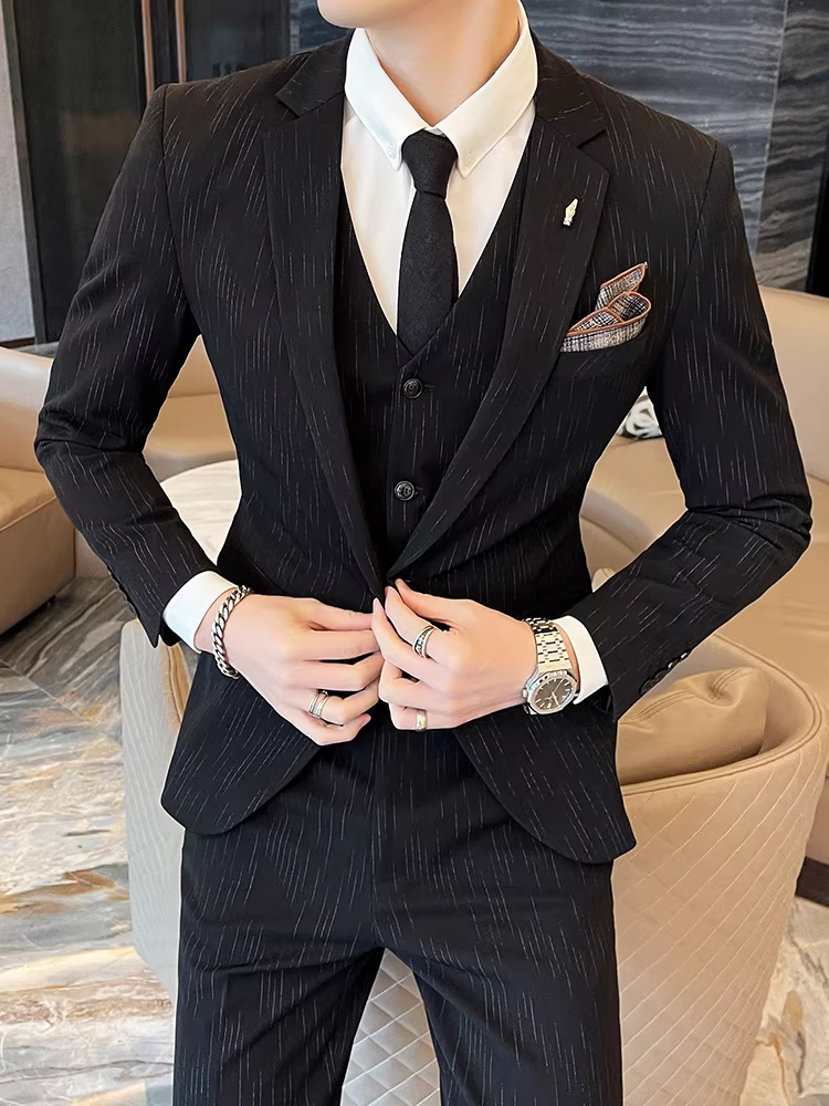 Bộ vest kẻ sọc nam, phong cách công sở lịch lãm, kiểu Anh, ôm dáng, đa năng, vest cưới chú rể đẹp trai, bộ ba món