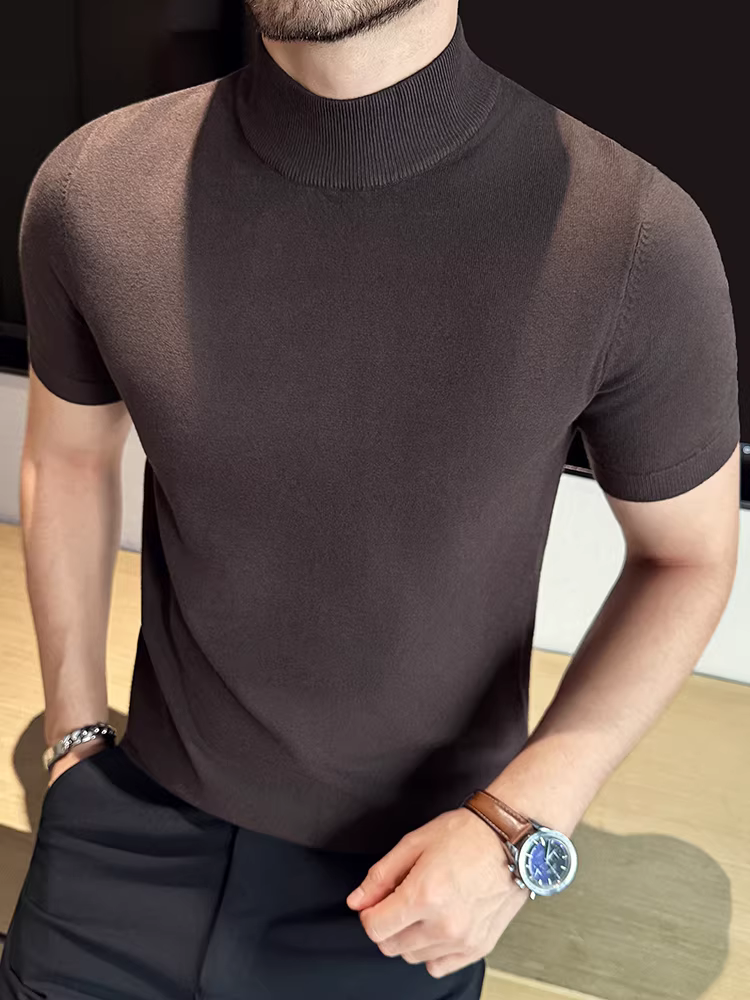 Áo len nam cổ lọ nửa cao tay ngắn mùa thu 2025 chất lượng cao thời trang ôm dáng cổ trung bình chất liệu dệt kim