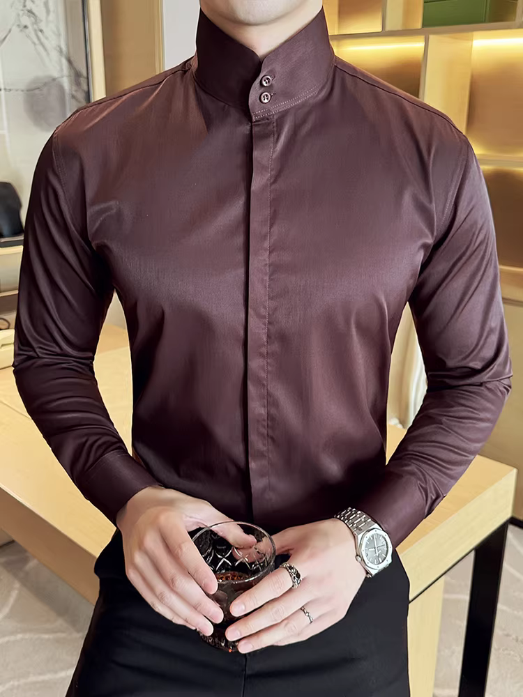 Áo sơ mi cổ đứng kiểu Trung Quốc mới dành cho nam, dài tay, phong cách công sở cao cấp, đa năng, ôm dáng, màu trơn, cổ cao, áo sơ mi có khuy cài ẩn.