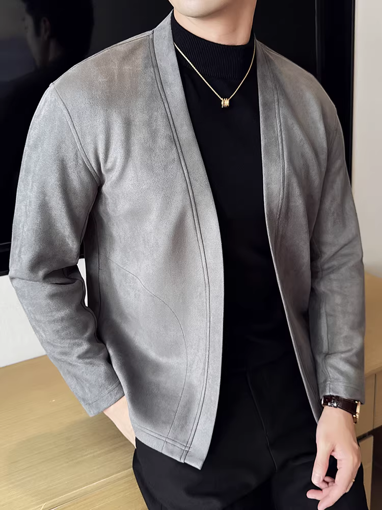 Áo khoác nam không cổ kiểu Anh, xuân thu 2025, kiểu dáng công sở lịch lãm, đa năng, thời trang cao cấp.