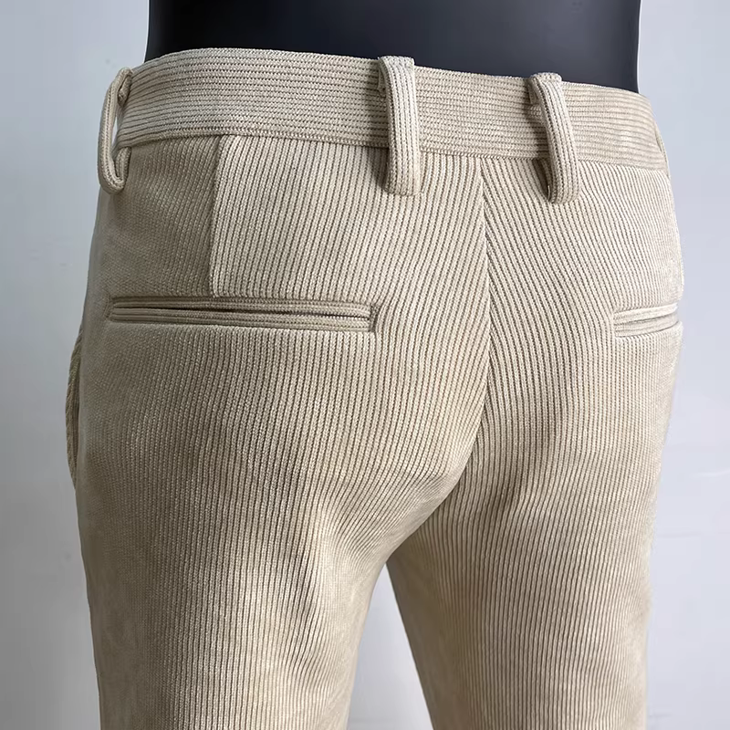 Quần âu nam chất liệu corduroy, mùa thu đông, dày dặn, cao cấp, kiểu dáng ôm body, kẻ sọc, chất liệu len