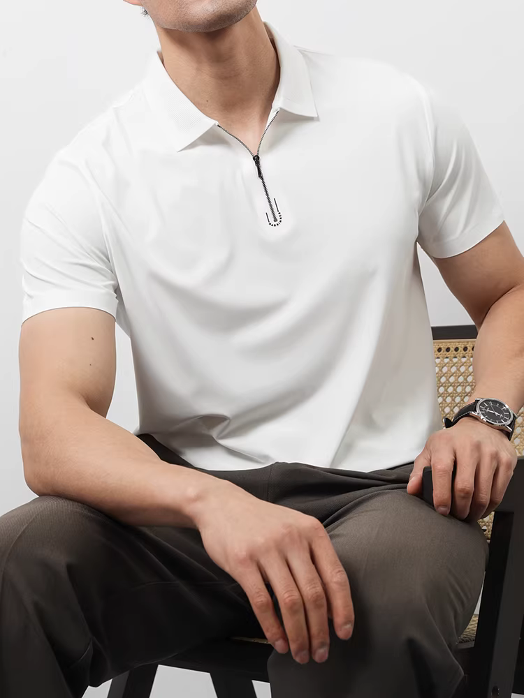 Áo polo nam có khóa kéo trên cổ, tay ngắn, kiểu dáng mùa hè mới, thời trang, hợp xu hướng, nhẹ nhàng sang trọng, phong cách trưởng thành, áo thun công sở