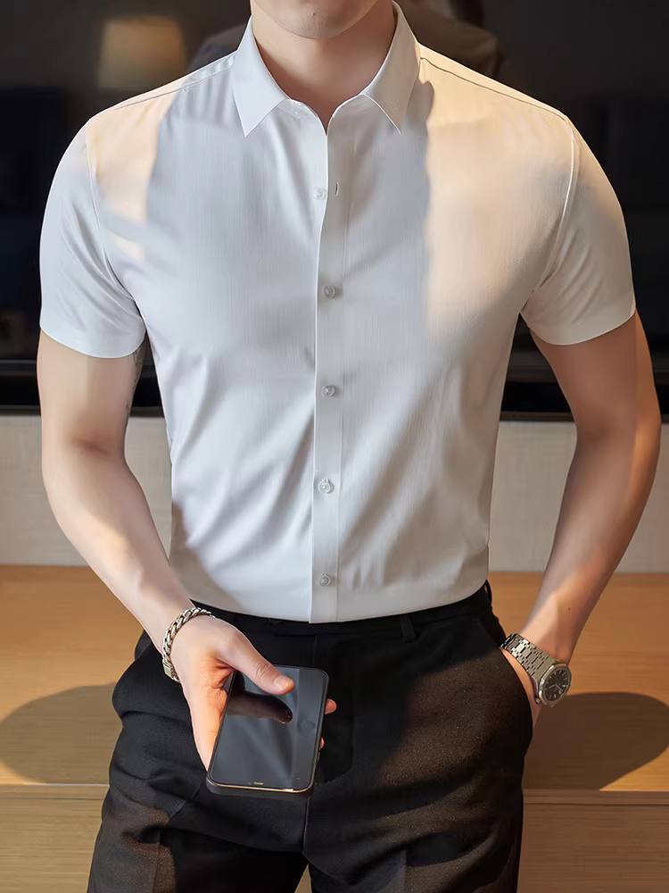 Áo sơ mi nam tay ngắn chất liệu lụa đá, kiểu dáng mỏng nhẹ, lịch sự, công sở, thường ngày, thoáng khí, ôm dáng, phong cách Anh quốc, lịch lãm