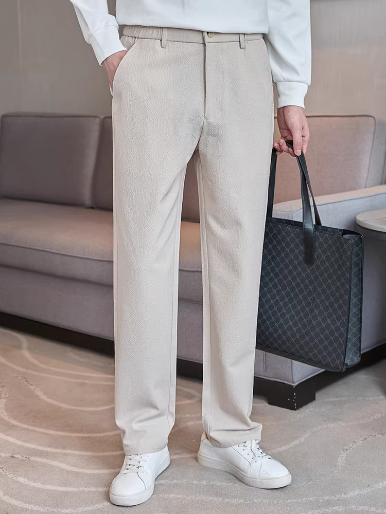 Quần âu nam chất liệu vải seersucker, lưng thun co giãn, dày dặn, kiểu dáng thời trang, đa năng, thoải mái, dáng thẳng.