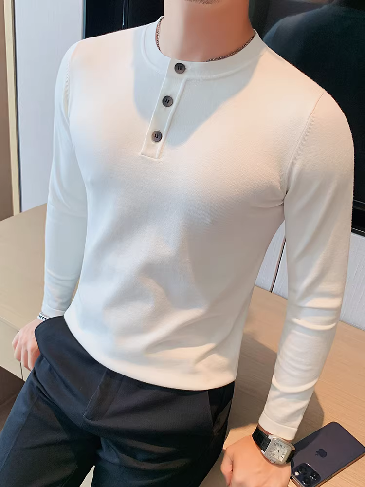Áo polo dệt kim nam, tay dài, kiểu mới thu đông 2024, cao cấp, lịch lãm, ôm dáng, cổ tròn, áo lót.