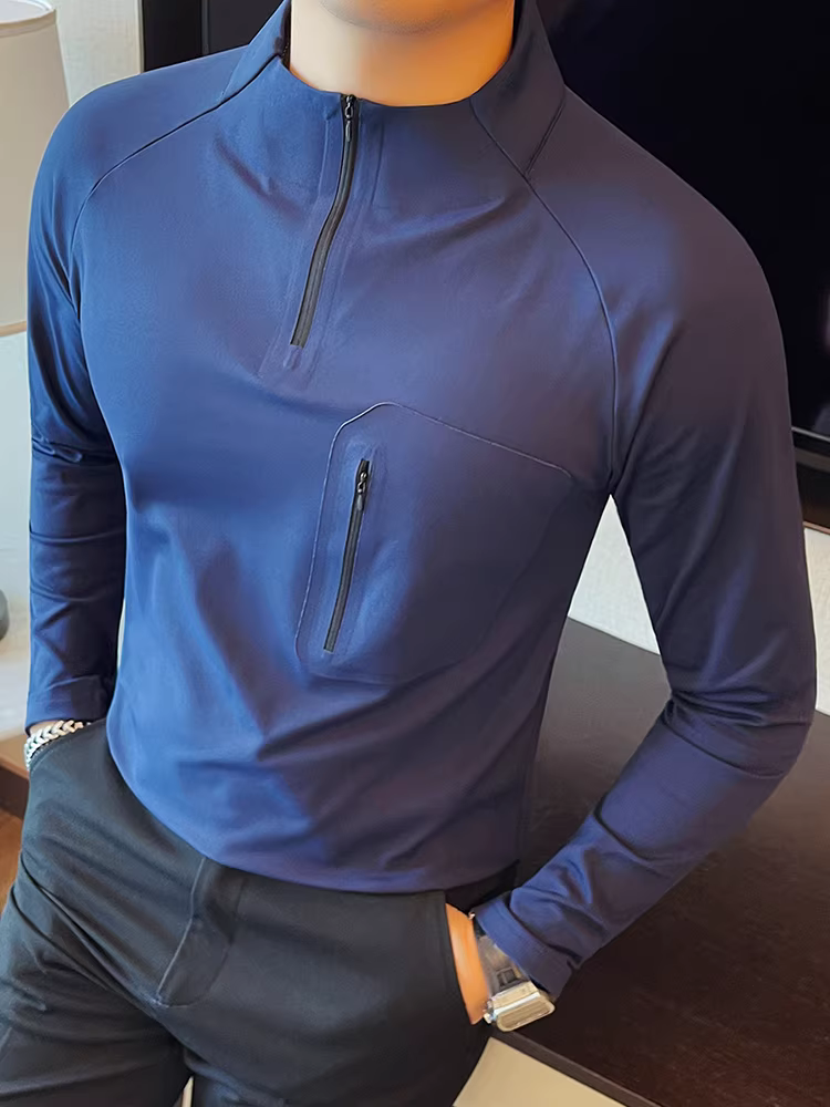 Áo thun nam cổ đứng nửa cao khóa kéo chất liệu da cá mập, tay dài, thời trang thu đông 2025, kiểu dáng ôm body, cổ đứng.