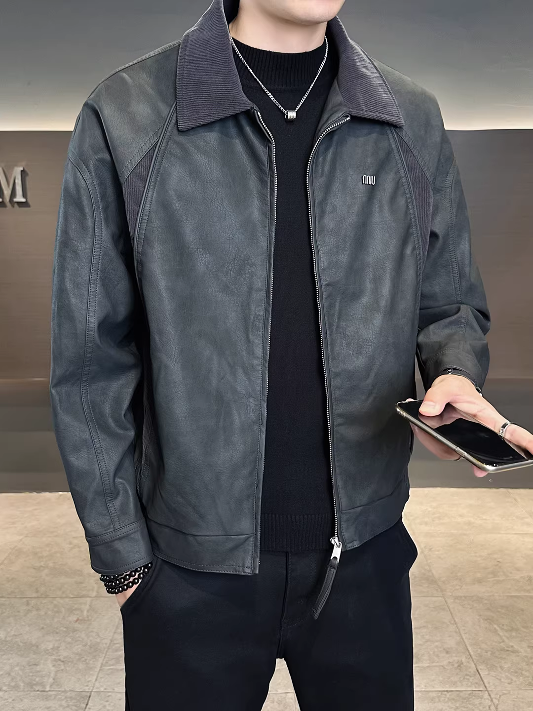 Áo khoác da phối chất liệu cao cấp dành cho nam, kiểu dáng thời trang mới mùa thu 2025, kiểu dáng ngắn phong cách biker.