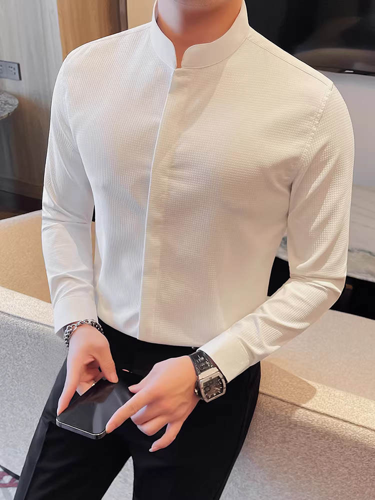 Áo sơ mi nam cổ waffle, tay dài, kiểu dáng công sở lịch sự, đa năng, hợp thời trang, ôm dáng, thời thượng, cao cấp