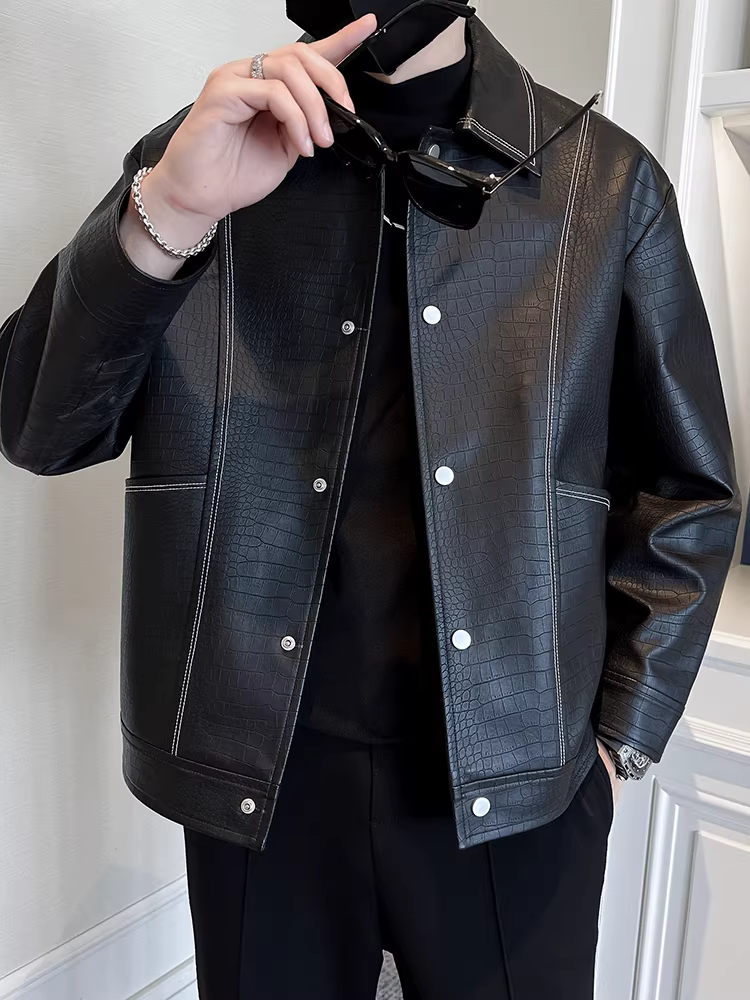 Áo khoác da nam đẹp, kiểu dáng mới thời thượng, cổ điển, ngắn, chất liệu giả da cá sấu, thích hợp cho mùa thu đông.
