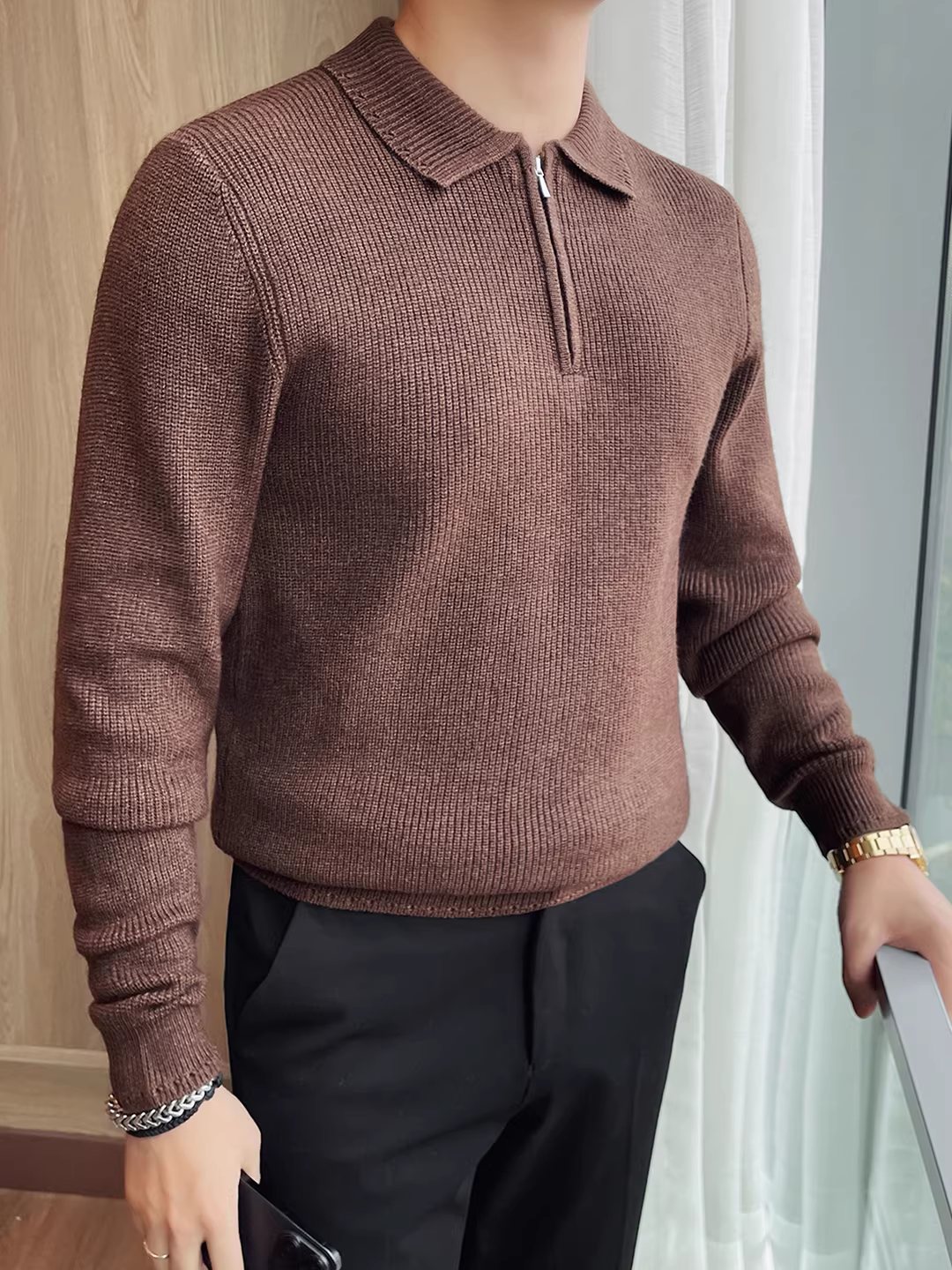 Áo len dày có cổ nửa khóa kéo dành cho nam, tay dài, kiểu dáng thời trang thu đông mới, kiểu dáng đa năng, áo len dệt kim cơ bản.