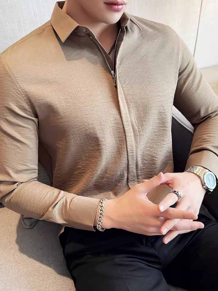 Áo sơ mi nam chất liệu cotton và lanh, thiết kế khóa kéo mỏng, tay dài, phong cách công sở lịch lãm, đa năng, co giãn và thoải mái.