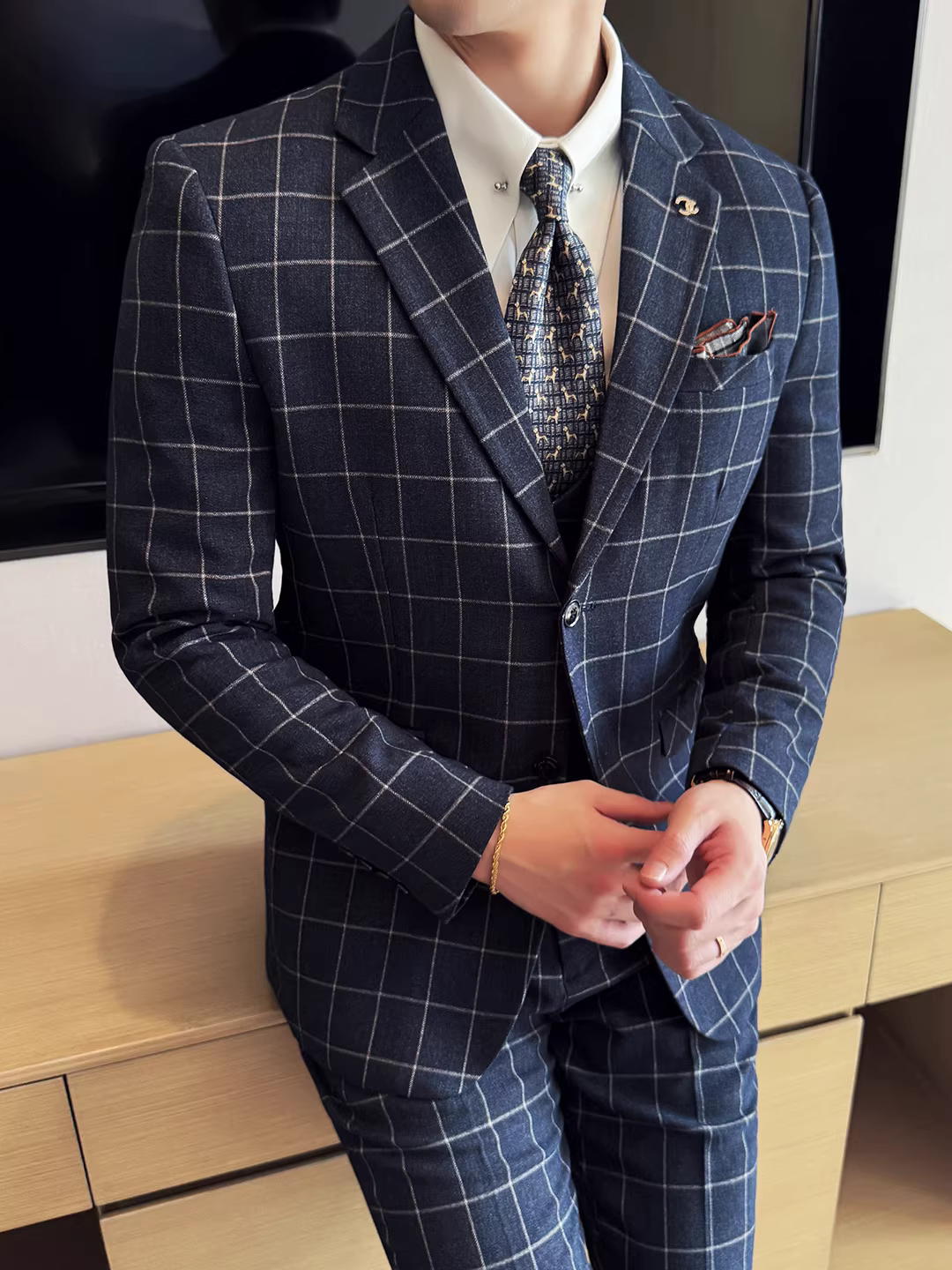 Bộ vest cao cấp kẻ caro dành cho nam, trang phục dạ hội công sở, kiểu dáng ôm sát, lịch sự và dễ chăm sóc, bộ vest cưới ba mảnh