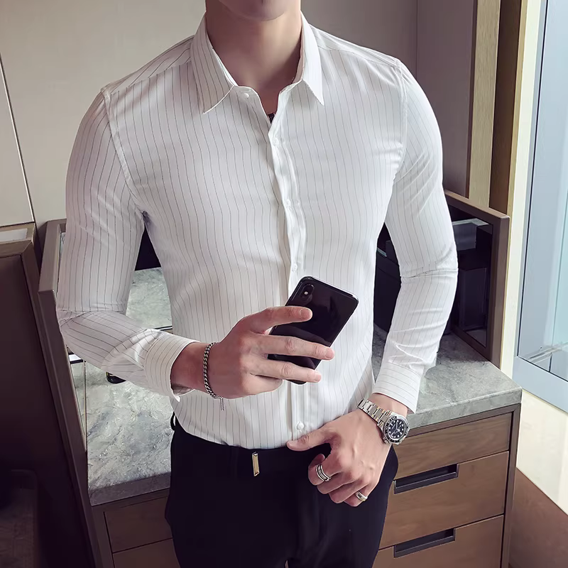 Giảm giá: Áo sơ mi nam dài tay sọc trắng, dáng ôm, phong cách công sở cao cấp, áo sơ mi kiểu Anh dành cho nhà tạo mẫu tóc