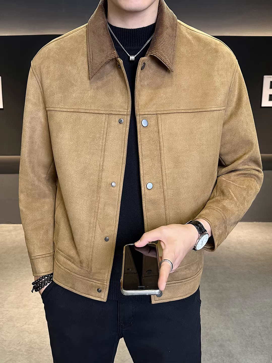 Áo khoác da lộn dày dặn may chần bông dành cho nam, kiểu dáng mới thu đông 2025, dáng ngắn, cổ ngắn, đa năng và chất lượng cao.