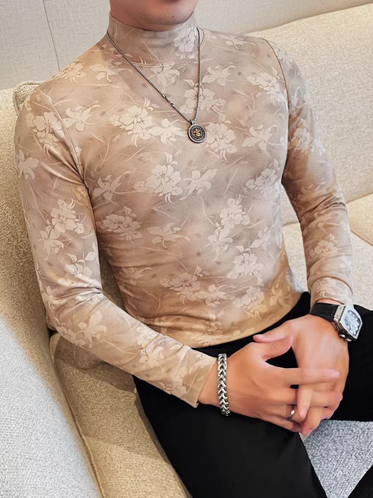 Áo thun nam cổ cao in họa tiết, dài tay, thu đông, ôm dáng, có lớp lót bên trong, hợp thời trang và sành điệu, áo thun cổ trung niên trẻ trung.