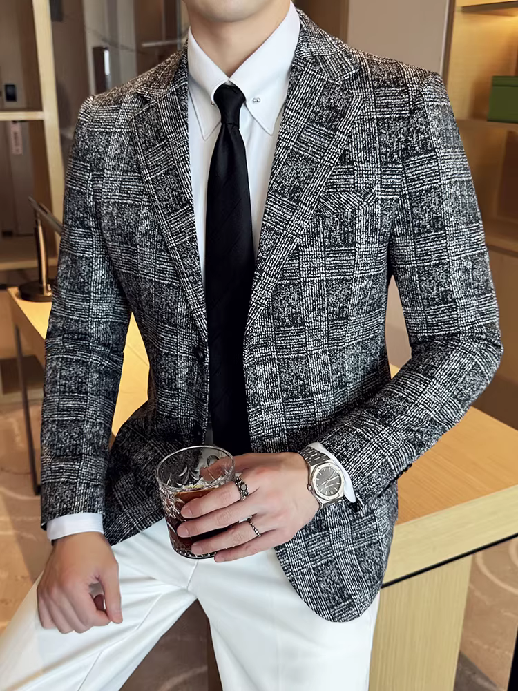 Áo blazer kẻ caro họa tiết mưa sao băng dành cho nam, thời trang mới 2024, kiểu dáng ôm body, lịch sự, đa năng, phù hợp với nhiều phong cách.