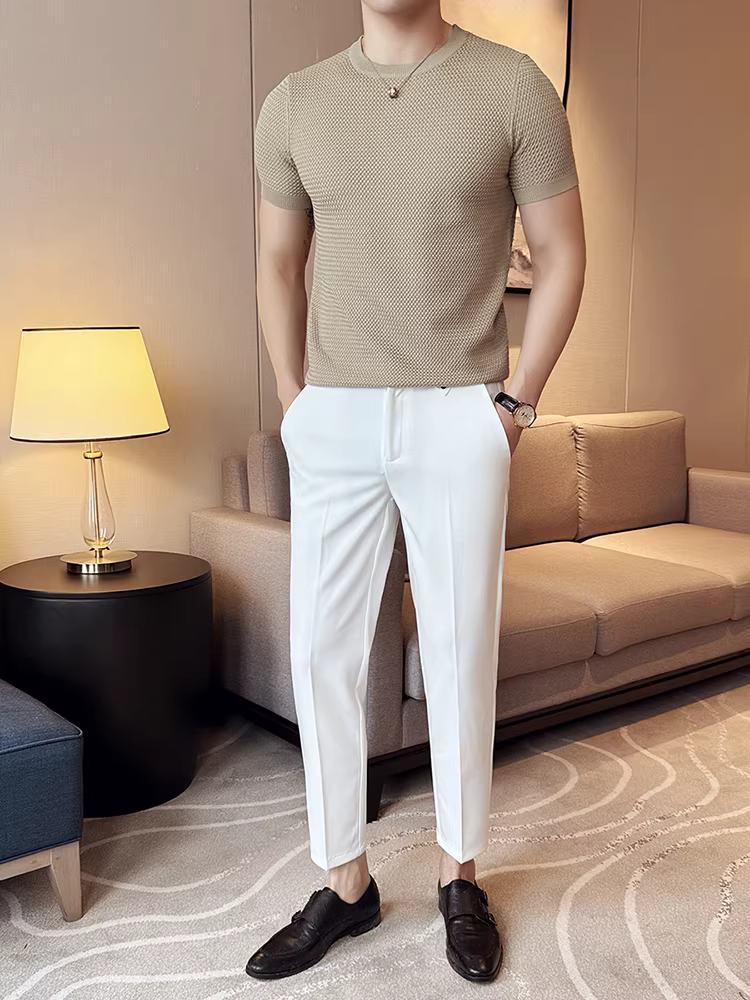 Áo thun nam dệt kim mỏng tay ngắn mùa hè họa tiết dứa lưới thoáng khí cao cấp ôm body chất liệu lụa đá mát lạnh