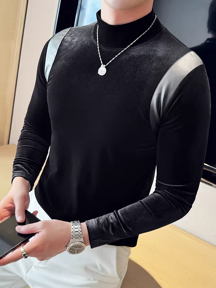 Áo sơ mi nam chất liệu nhung phối da, áo thun dài tay, lót lông cừu dày dặn mùa thu đông, cổ trung, dáng ôm.