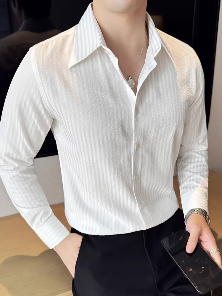 Áo sơ mi kẻ sọc seersucker dành cho nam, dài tay, phong cách công sở giản dị, đa năng, ôm dáng, hợp thời trang, cao cấp, mát mẻ và sành điệu