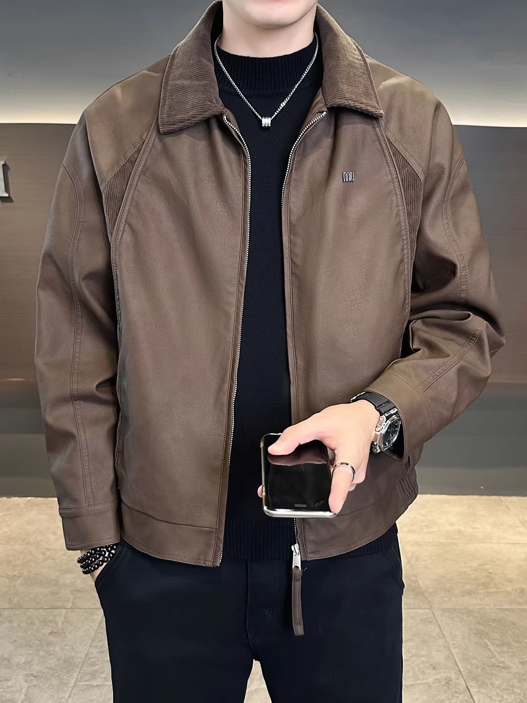 Áo khoác da phối chất liệu cao cấp dành cho nam, kiểu dáng thời trang mới mùa thu 2025, kiểu dáng ngắn phong cách biker.