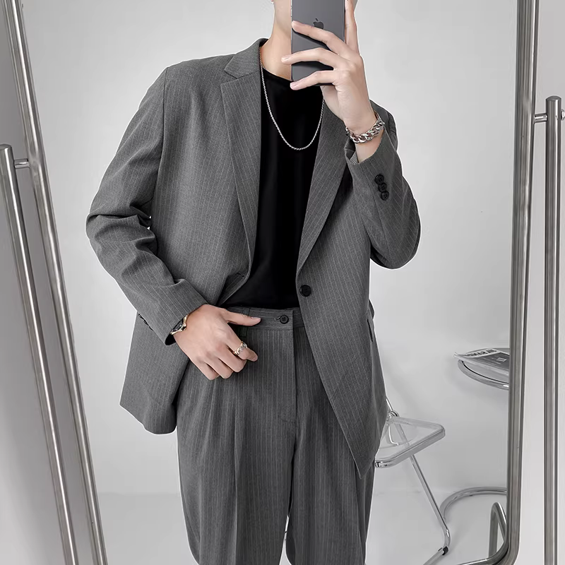 Bộ vest kẻ sọc nam mùa hè mỏng phong cách Hàn Quốc thời trang, bộ vest nam kiểu dáng rộng rãi, phong cách Anh nhẹ nhàng trưởng thành