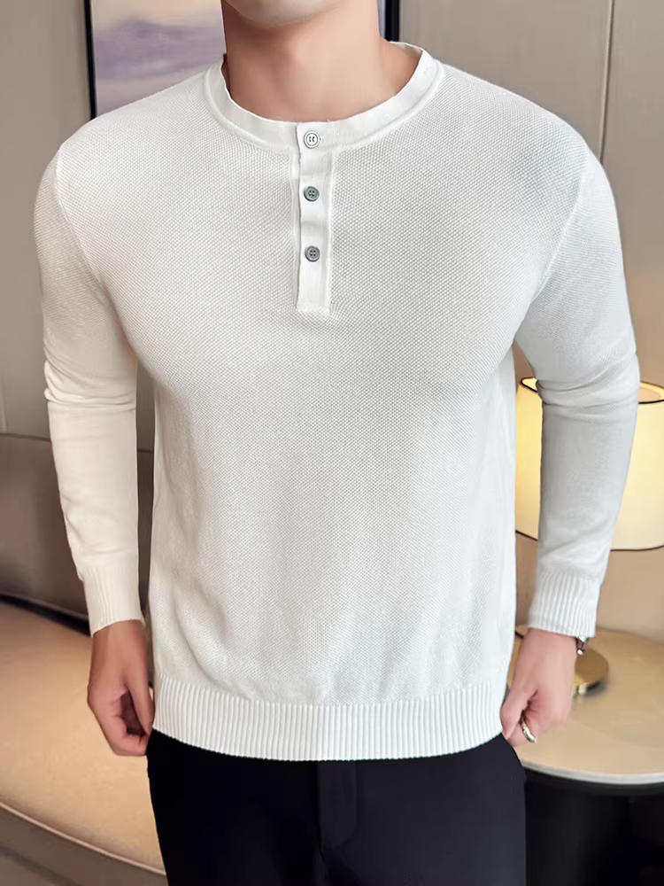 Áo len cổ Henry nam, tay dài, thời trang thu đông 2024 mới, dáng ôm, đa năng, chất liệu dệt kim trơn màu.