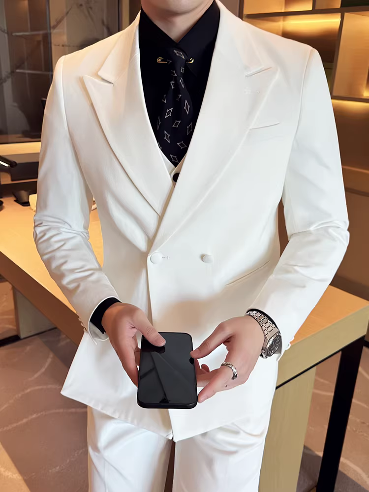 Bộ vest nam thiết kế hai hàng khuy, phong cách business casual, màu trơn, đa năng, hợp thời trang, dáng ôm, bộ vest ba mảnh thời thượng.