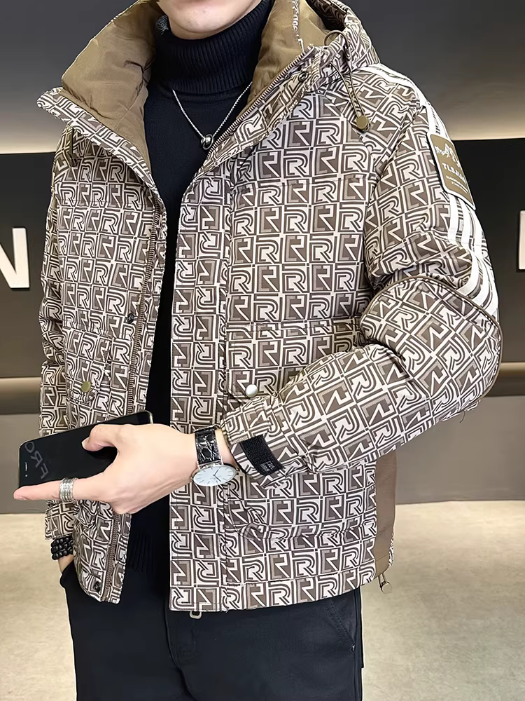 Áo khoác phao nam cao cấp có mũ, in họa tiết, mùa đông 2025, thời trang mới, kiểu dáng trẻ trung, dày dặn, ấm áp