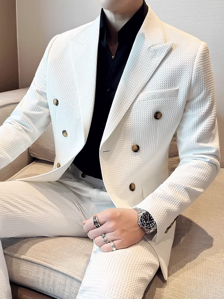 Bộ vest nam mùa thu kiểu waffle, vest công sở cao cấp, kiểu dáng ôm body, vest nam hai hàng khuy