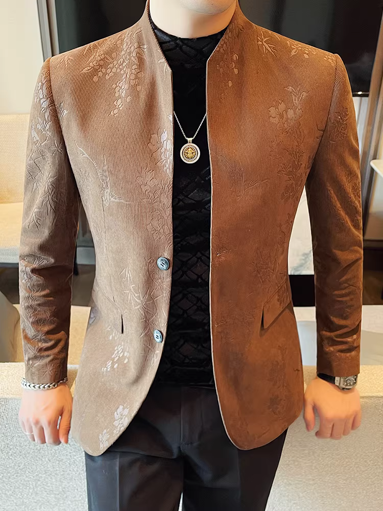 Áo blazer nam cổ đứng kiểu Trung Quốc mới, họa tiết hoa, thời trang xuân 2025, kiểu dáng ôm body, lịch lãm, cao cấp