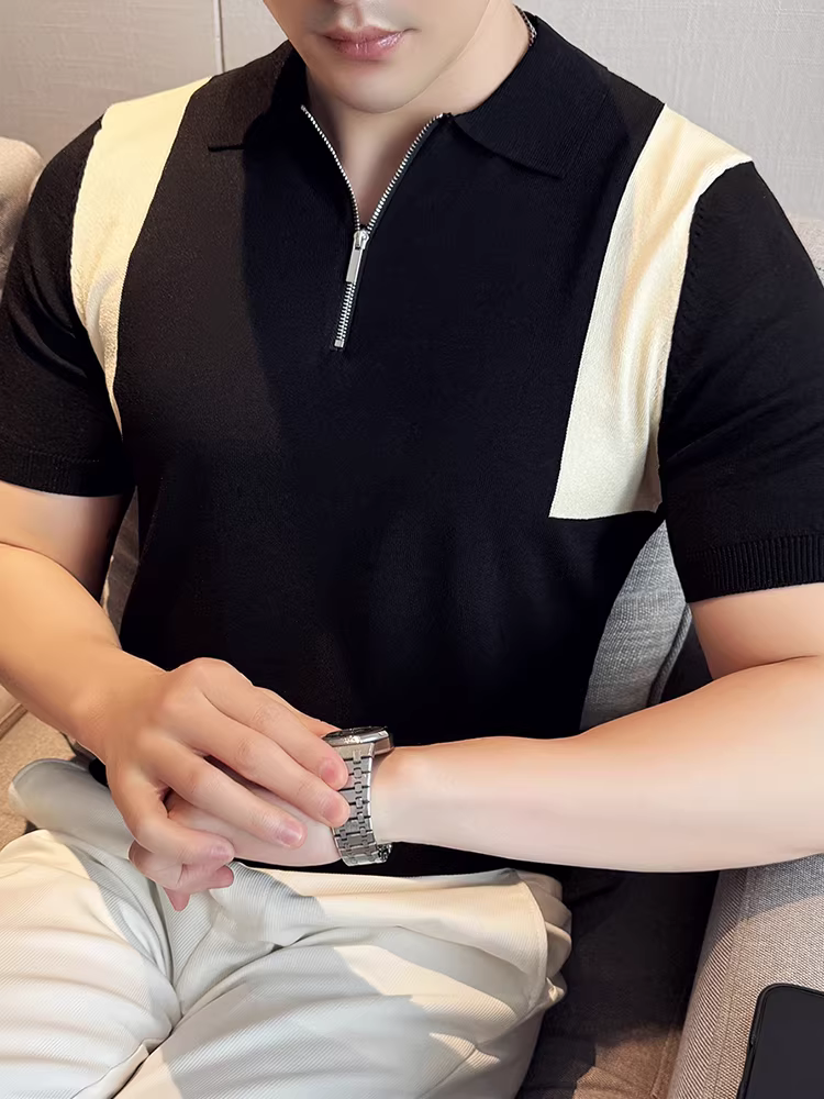 Áo Polo nam tay ngắn chất liệu lụa đá dệt kim phối màu, kiểu dáng mỏng nhẹ mùa hè, thời trang mới 2025, cổ áo kiểu dáng lịch lãm