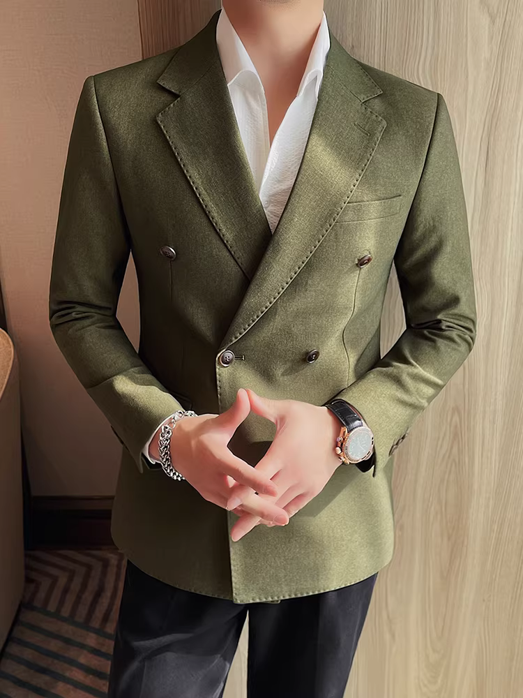 Áo blazer nam kiểu cổ điển, hai hàng khuy, thời trang xuân thu, phong cách công sở lịch sự, đa năng, dáng ôm, kiểu dáng đơn giản