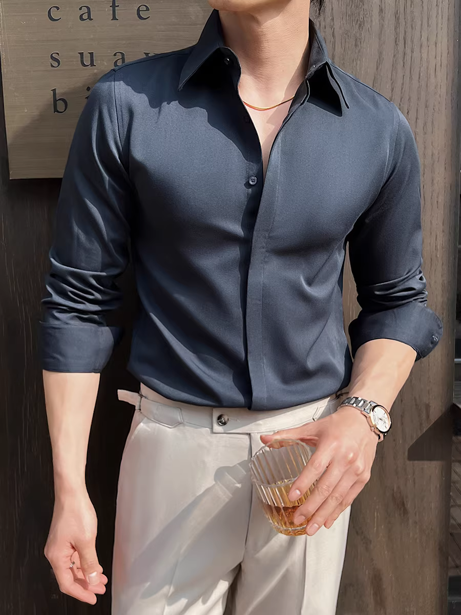 Áo sơ mi nam cổ nhọn kiểu Pháp, dài tay, lót lông cừu, dày dặn, hơi rộng, hợp thời trang, thời trang, lịch sự, áo sơ mi chống nhăn.